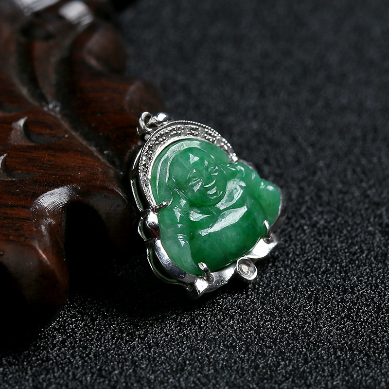 天然18K金镶糯种满绿翡翠笑佛吊坠 - 红掌柜