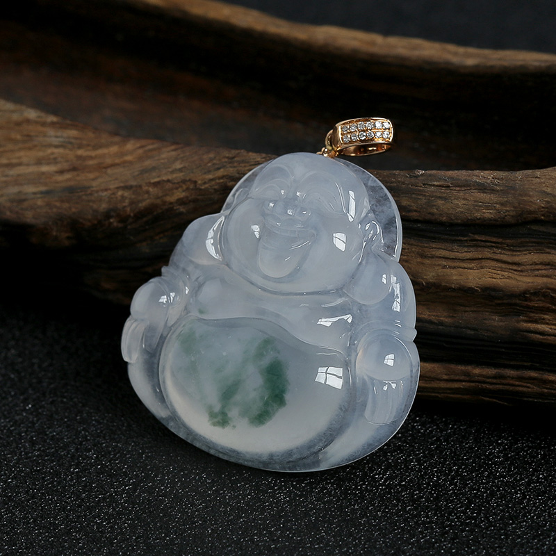 冰糯种飘花翡翠弥勒佛吊坠-红掌柜
