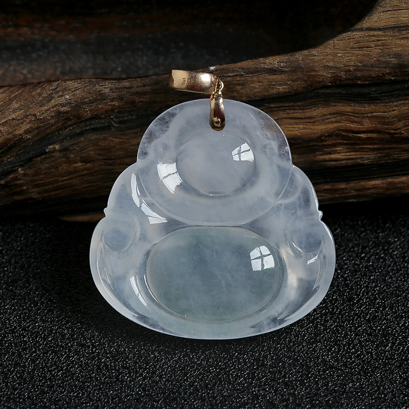 18K金镶冰糯种翡翠弥勒佛吊坠-红掌柜