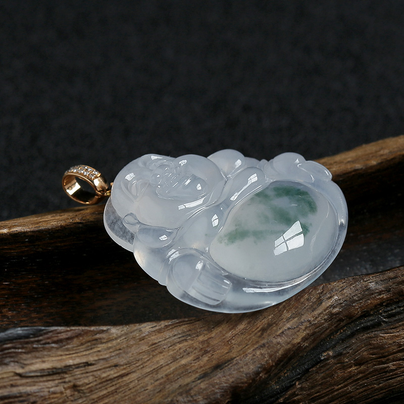 18K金镶冰糯种飘花翡翠吊坠-红掌柜