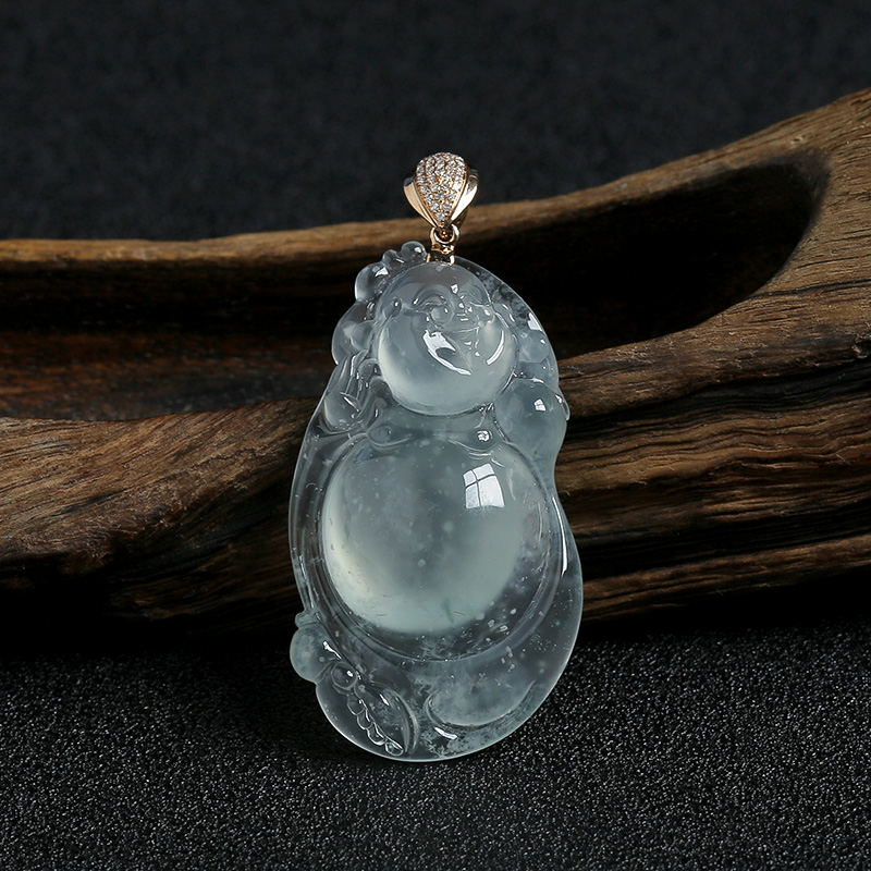 18K金镶冰糯种飘花翡翠佛吊坠-红掌柜