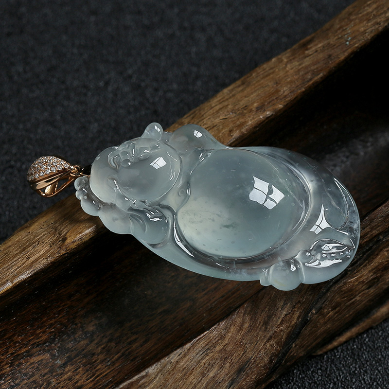 18K金镶冰糯种飘花翡翠吊坠-红掌柜