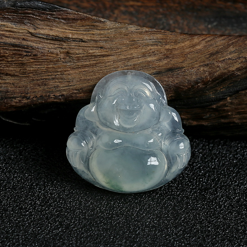 缅甸天然冰糯种飘花翡翠笑佛吊坠-红掌柜