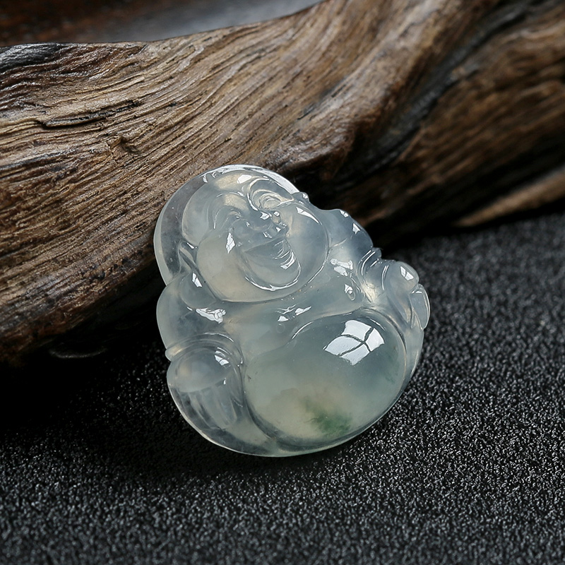 缅甸冰糯种飘花翡翠笑佛吊坠-红掌柜
