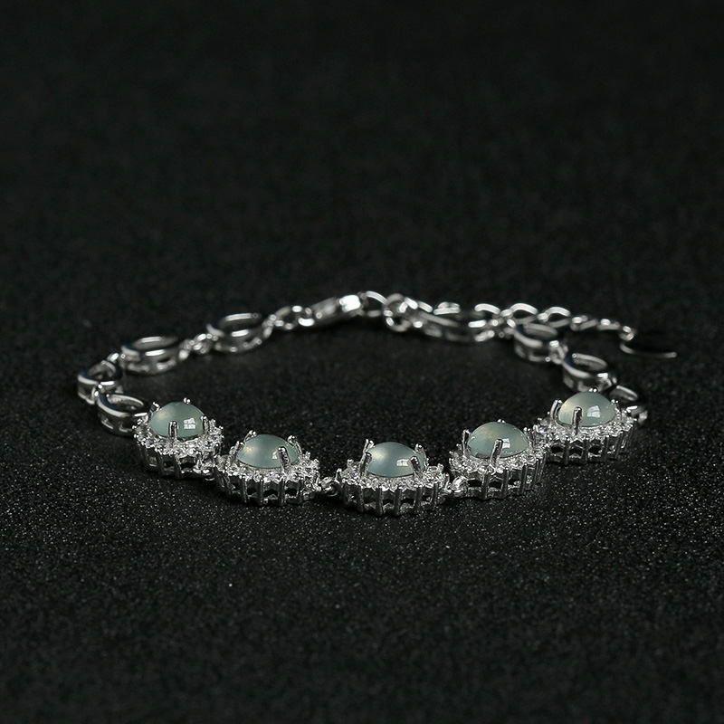 缅甸天然银镶钻冰种晴水翡翠手链-红掌柜