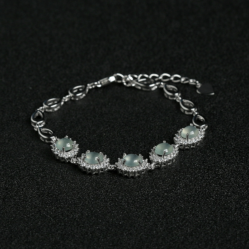 天然银镶钻冰种晴水翡翠手链-红掌柜