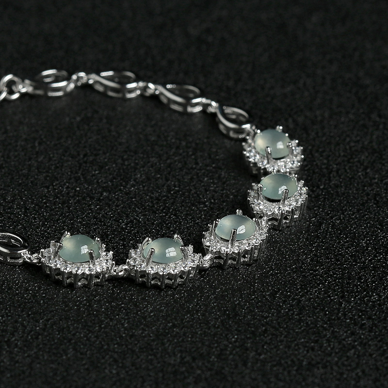 缅甸银镶钻冰种晴水翡翠手链-红掌柜