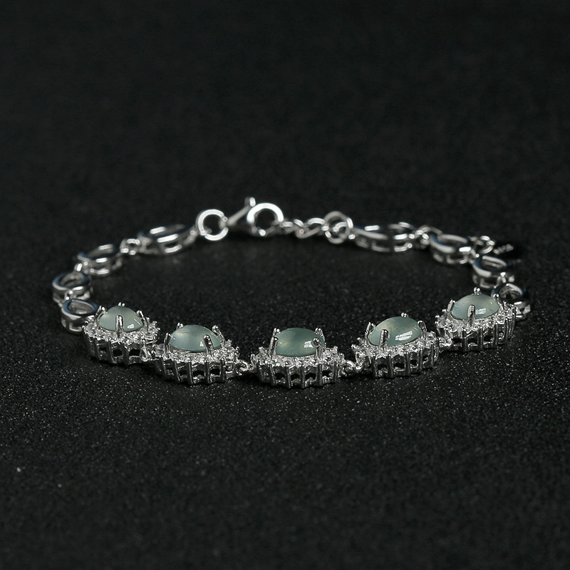 缅甸天然银镶钻冰种晴水翡翠手链-红掌柜