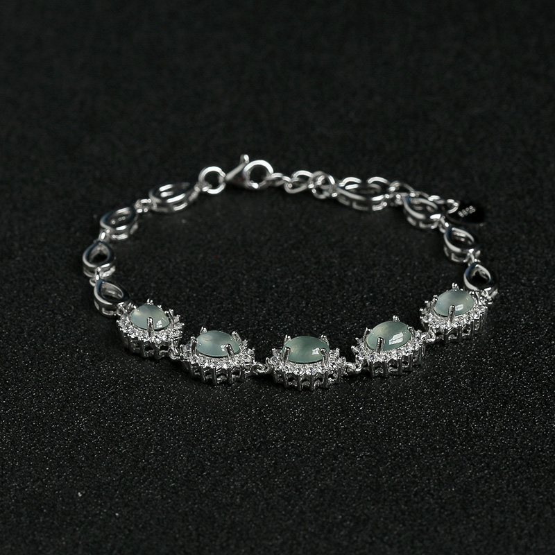 天然银镶钻冰种晴水翡翠手链-红掌柜