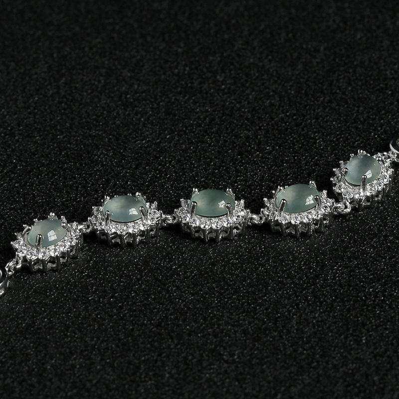 缅甸天然银镶钻冰种翡翠手链-红掌柜