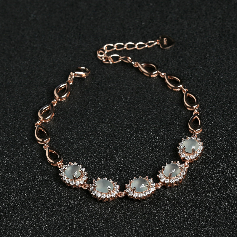 天然银镶钻冰种晴水翡翠手链-红掌柜