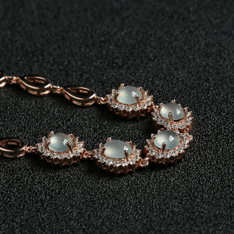 缅甸银镶钻冰种晴水翡翠手链-红掌柜