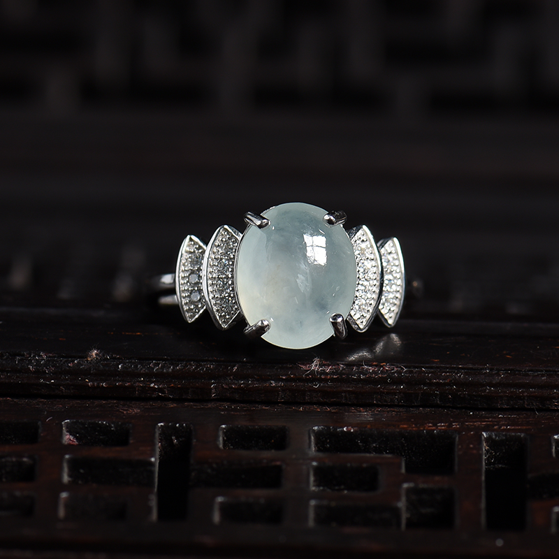 缅甸A货天然银镶糯种翡翠戒指 - 红掌柜