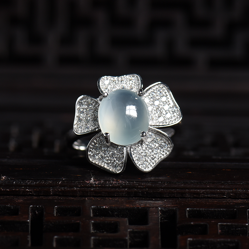 缅甸A货天然银镶冰种浅绿翡翠花朵戒指 - 红掌柜