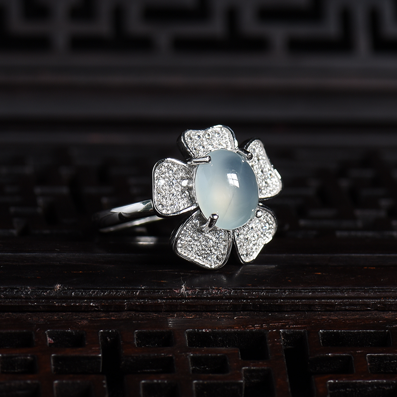 天然银镶冰种浅绿翡翠花朵戒指 - 红掌柜