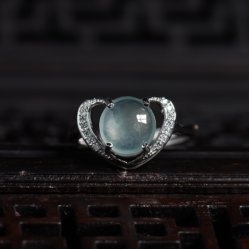 缅甸A货天然银镶冰种翡翠戒指 - 红掌柜