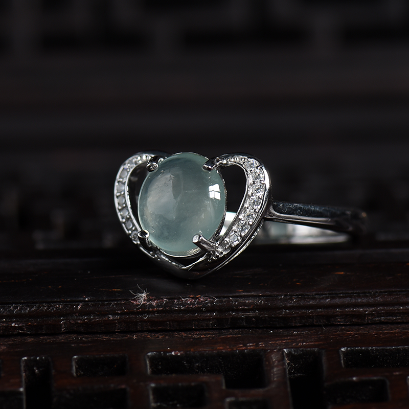 天然银镶冰种翡翠戒指 - 红掌柜