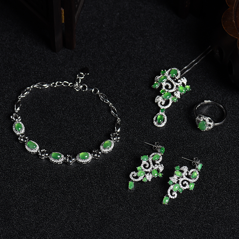 缅甸A货天然银镶冰种阳绿翡翠套装 - 红掌柜