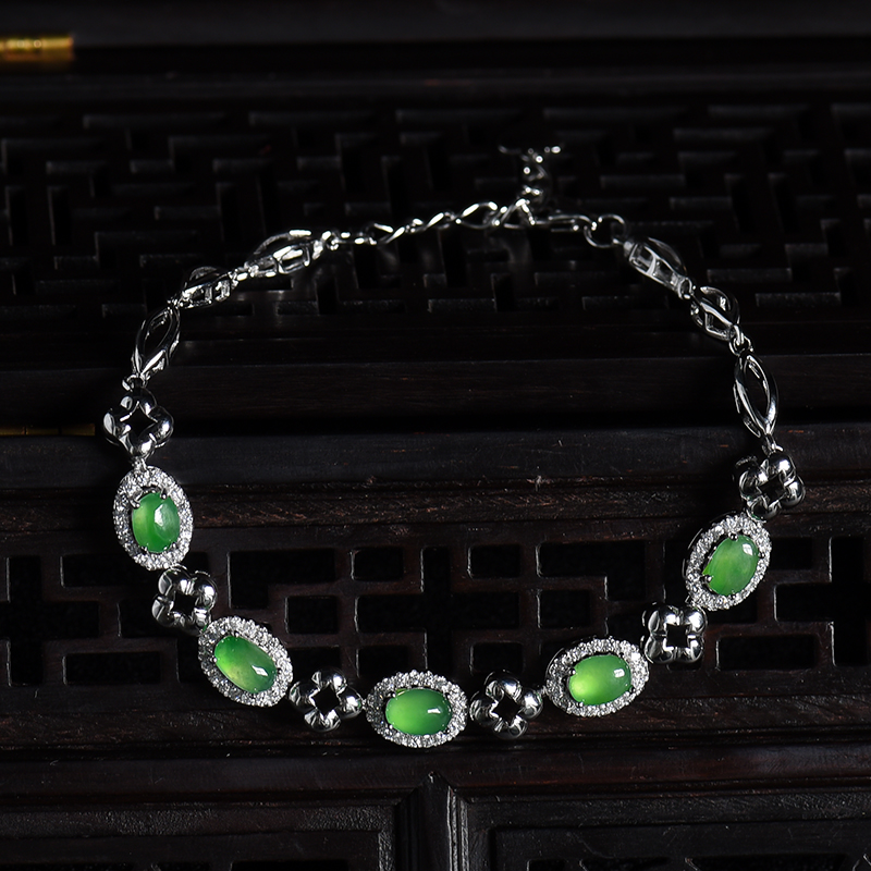 A货天然银镶冰种阳绿翡翠套装 - 红掌柜