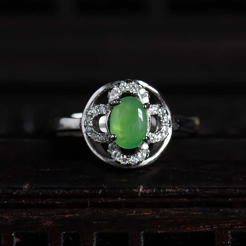 天然银镶冰种阳绿翡翠套装 - 红掌柜