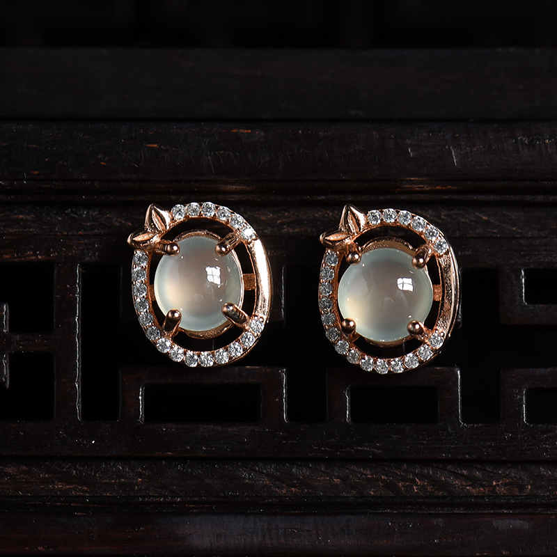 银镶冰种晴水翡翠耳钉-红掌柜