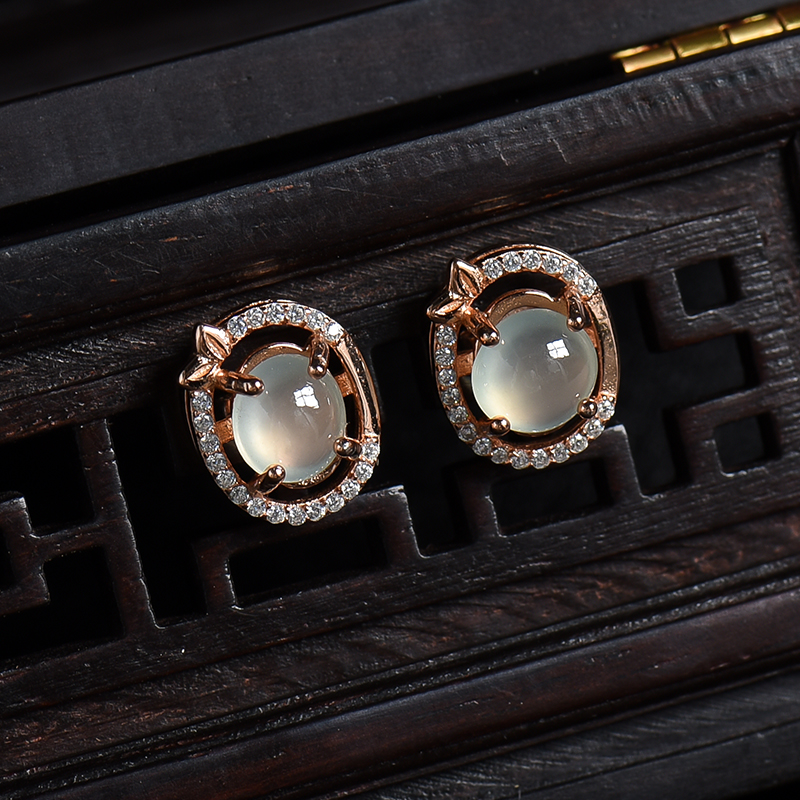 银镶冰种翡翠耳钉-红掌柜