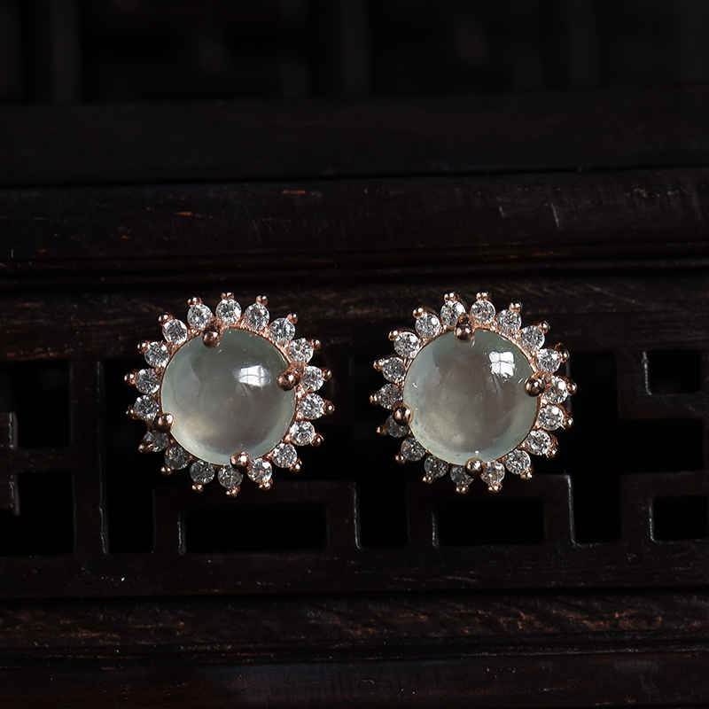 银镶冰种晴水翡翠耳钉-红掌柜