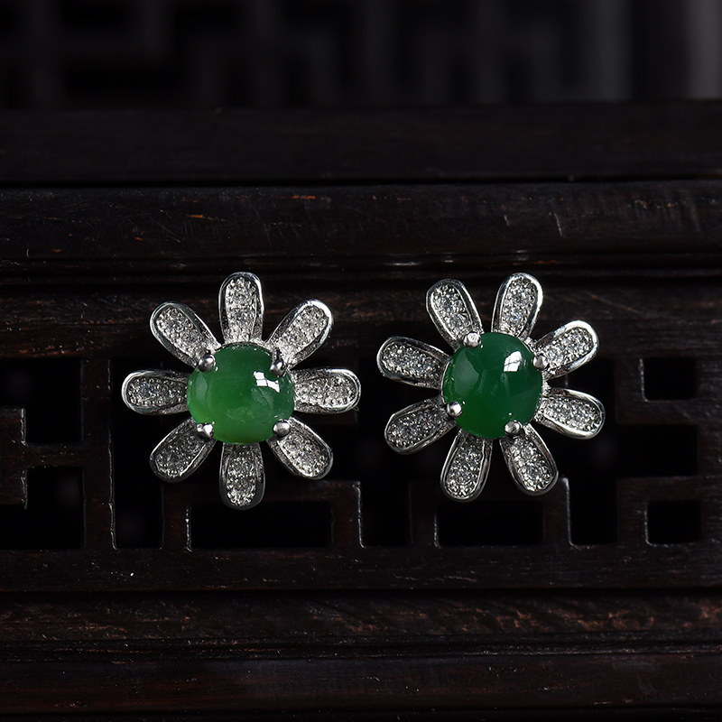 银镶糯冰种满绿翡翠耳钉-红掌柜