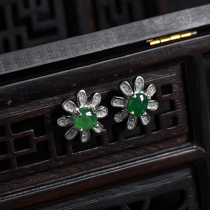 银镶满绿翡翠耳钉-红掌柜