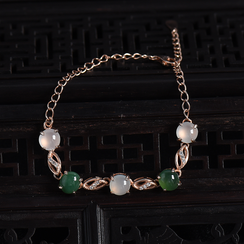 缅甸天然银镶冰糯种双色翡翠手链-红掌柜