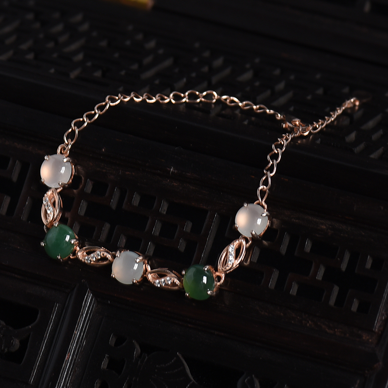 天然银镶冰糯种双色翡翠手链-红掌柜