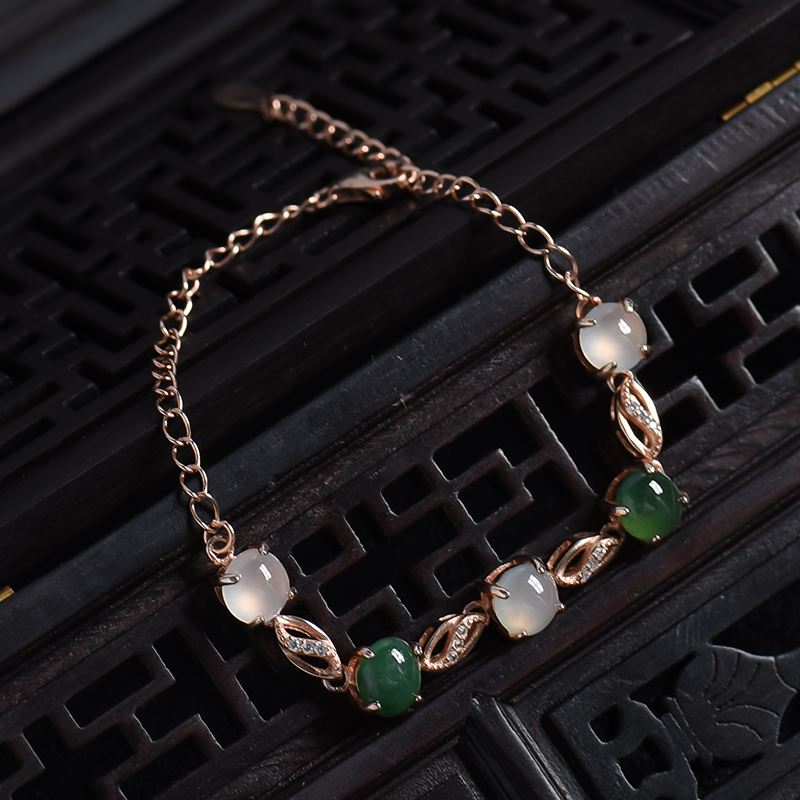 缅甸银镶冰糯种双色翡翠手链-红掌柜