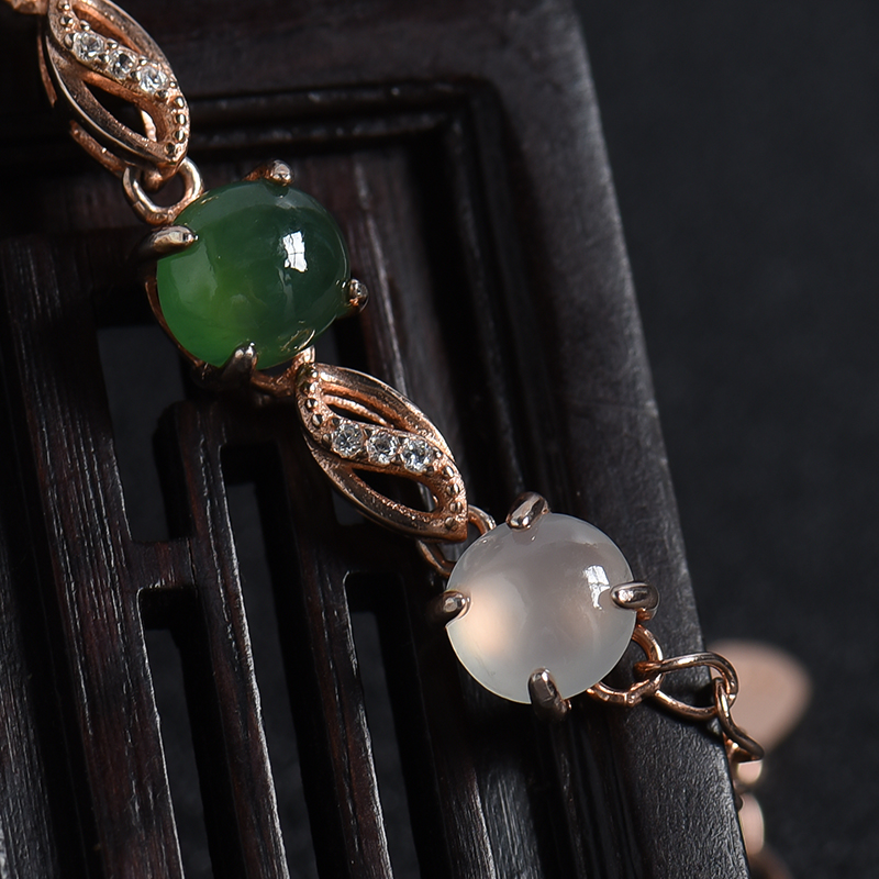 缅甸天然银镶冰糯种翡翠手链-红掌柜