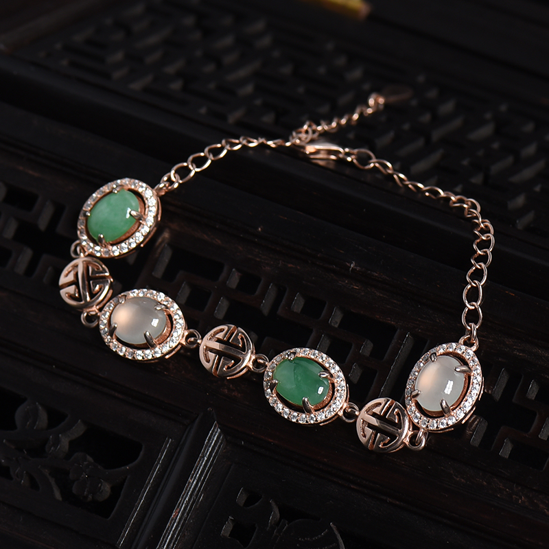 天然银镶冰糯种双色翡翠手链-红掌柜