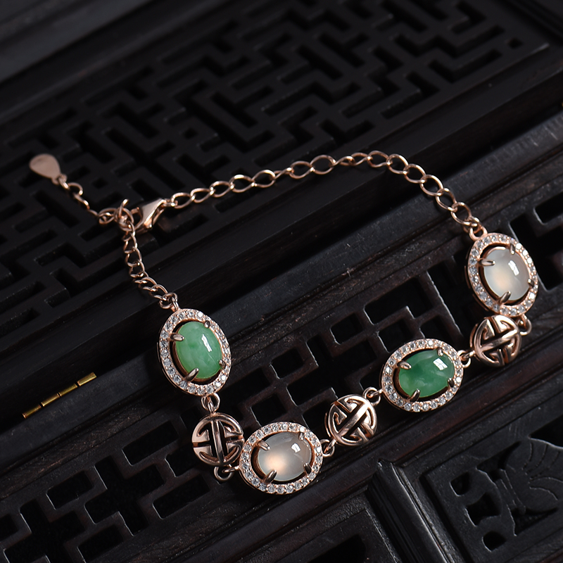 缅甸银镶冰糯种双色翡翠手链-红掌柜