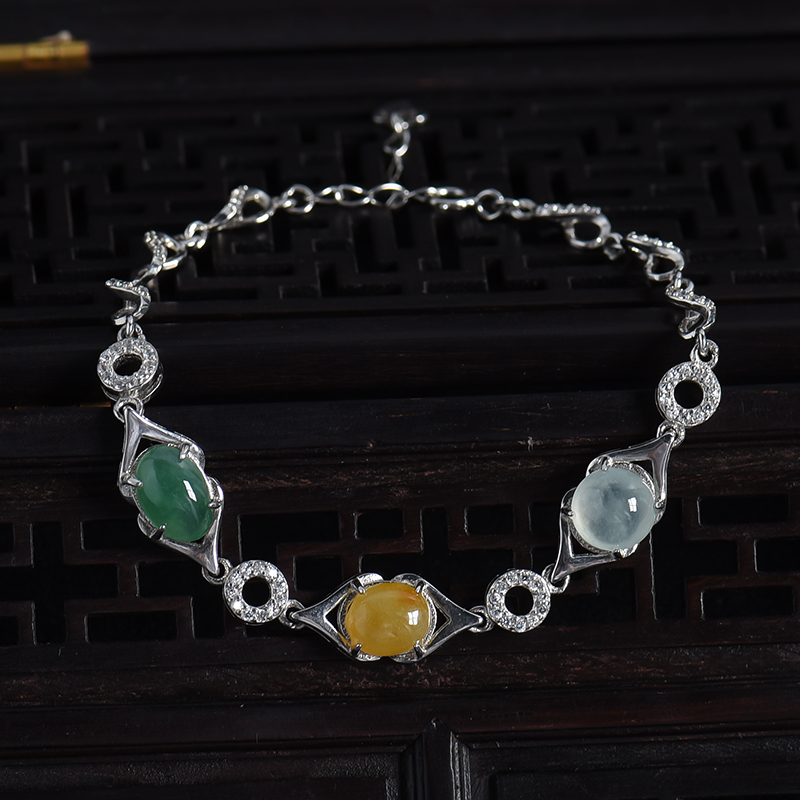 缅甸天然银镶冰糯种三彩翡翠手链-红掌柜