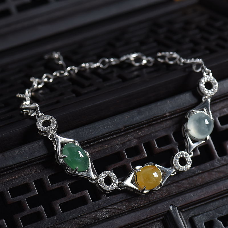 银镶冰糯种三彩翡翠手链-红掌柜