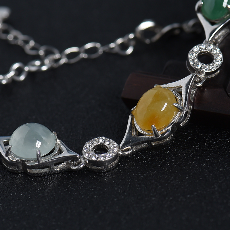 缅甸天然银镶三彩翡翠手链-红掌柜