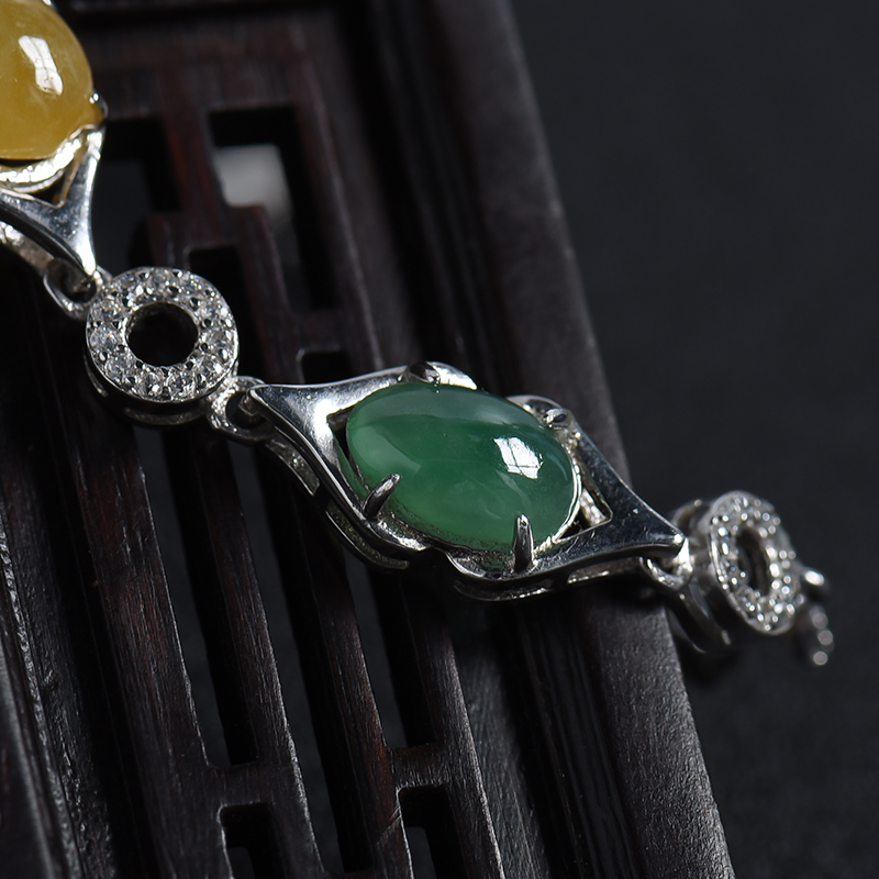 缅甸天然银镶冰糯种三彩翡翠手链-红掌柜