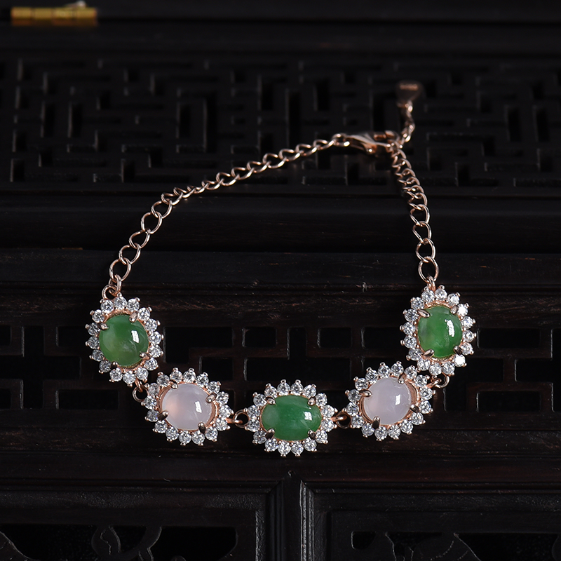 缅甸天然银镶冰糯种双色翡翠手链-红掌柜