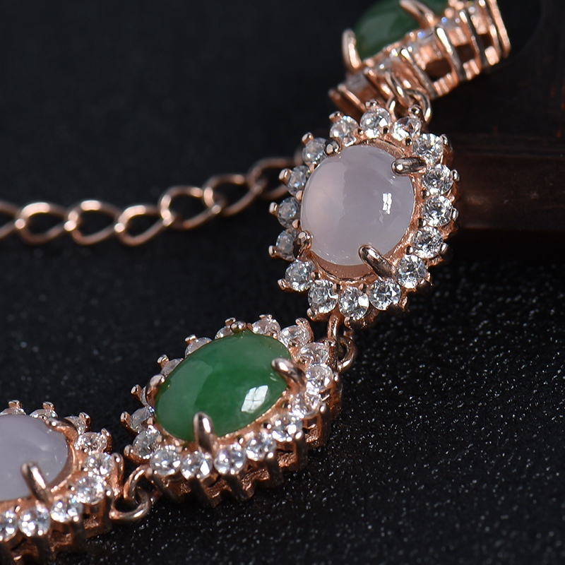 缅甸天然银镶双色翡翠手链-红掌柜