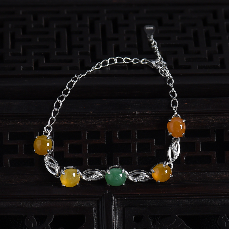 缅甸天然银镶冰糯种双色翡翠手链-红掌柜