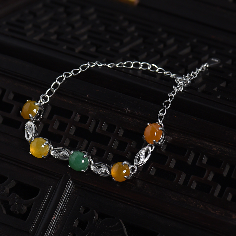 天然银镶冰糯种双色翡翠手链-红掌柜