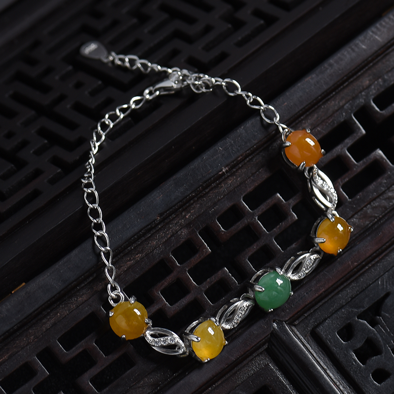 缅甸银镶冰糯种双色翡翠手链-红掌柜