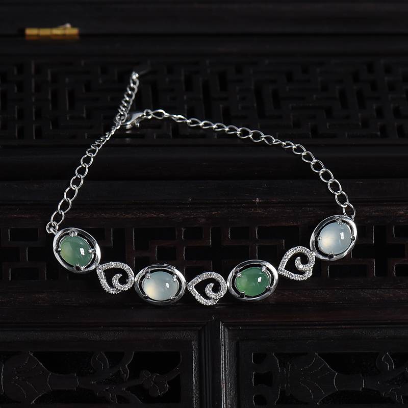 缅甸天然银镶冰糯种双色翡翠手链-红掌柜