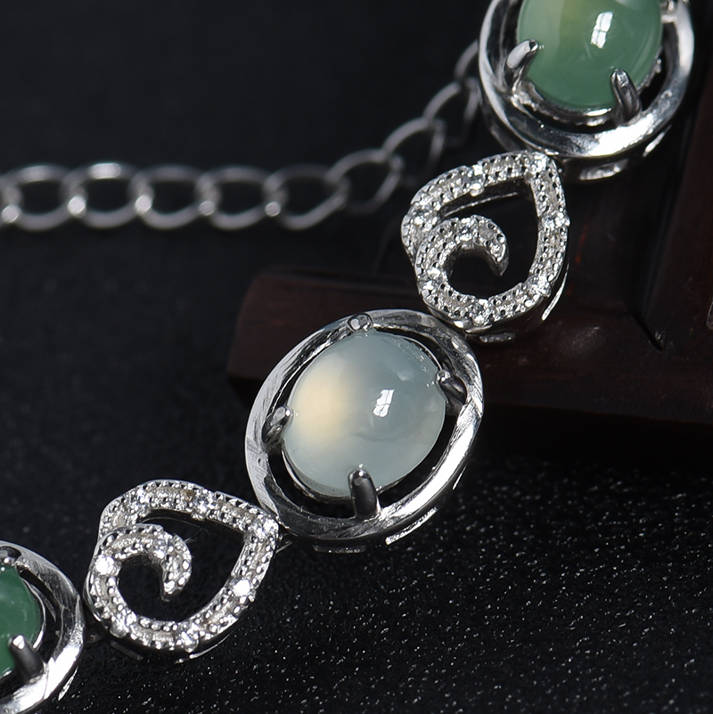 缅甸天然银镶双色翡翠手链-红掌柜