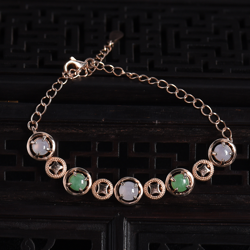 缅甸天然银镶冰糯种双色翡翠手链-红掌柜