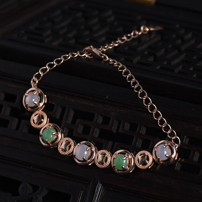 天然银镶冰糯种双色翡翠手链-红掌柜