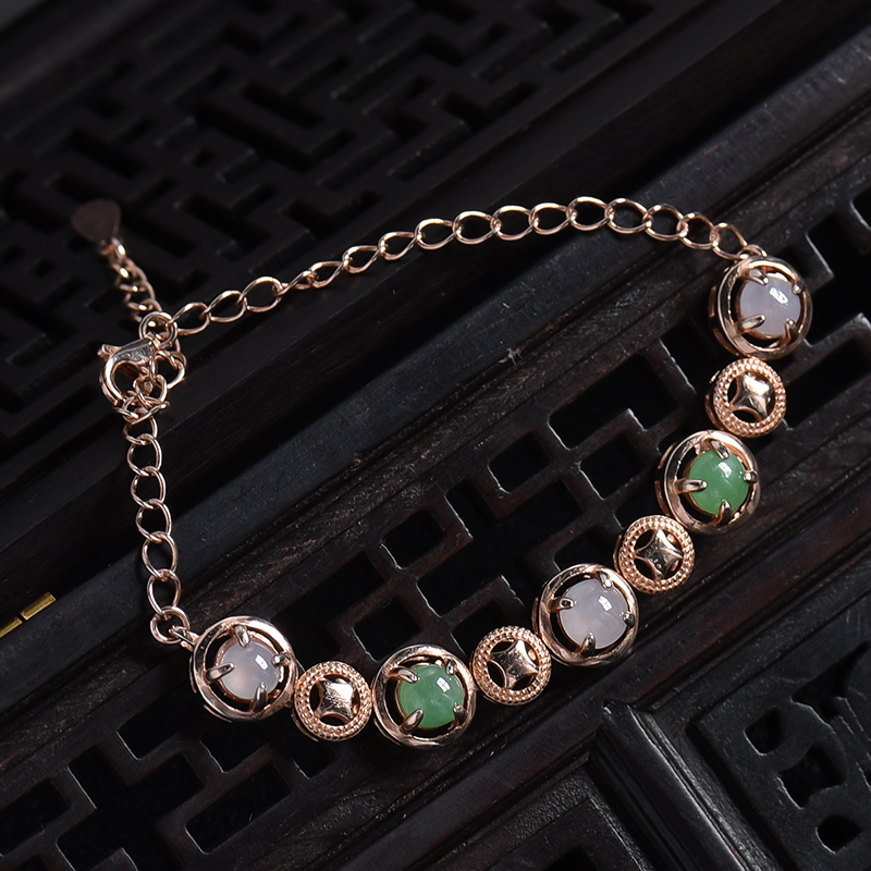 缅甸银镶冰糯种双色翡翠手链-红掌柜