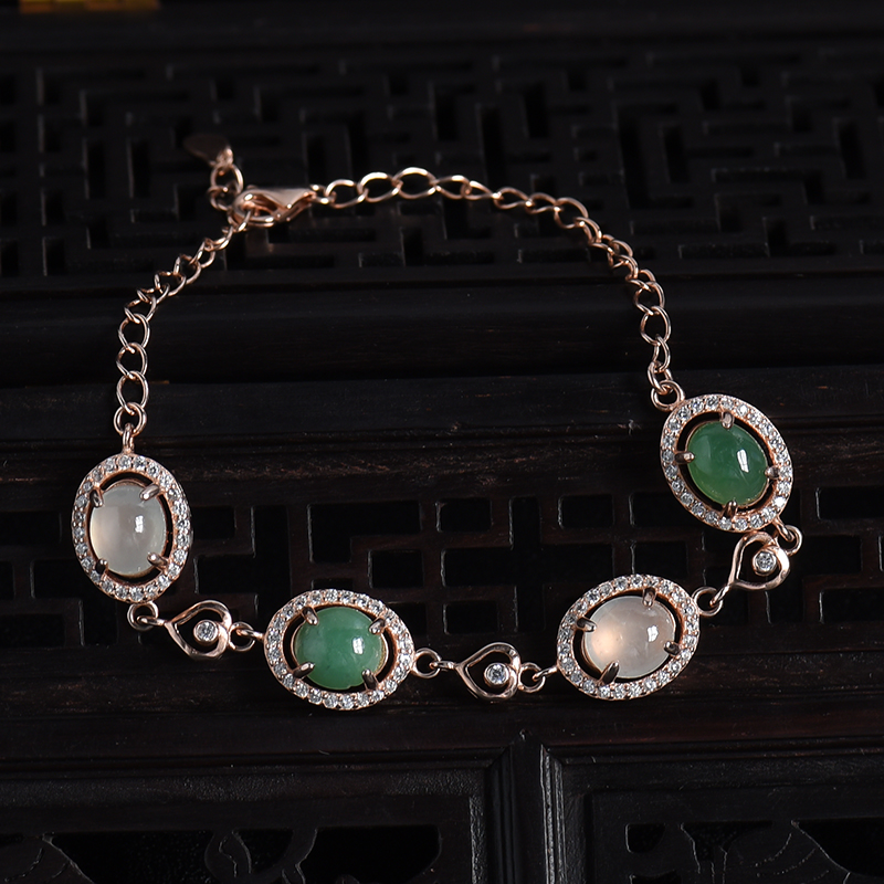 缅甸天然银镶冰糯种双色翡翠手链-红掌柜